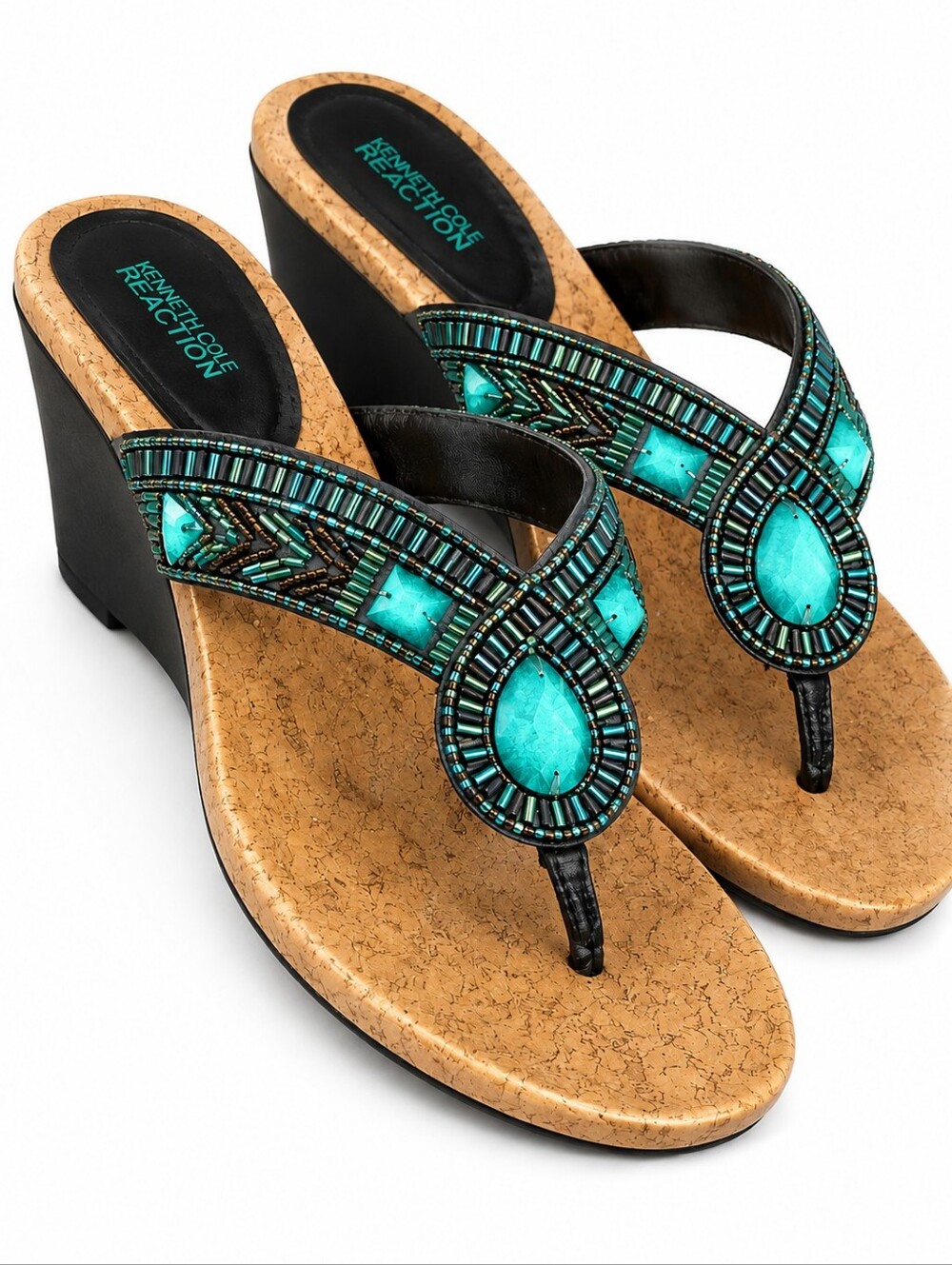 Kenneth Cole Dark Brown Cork Wedge Thong Sandals with Turquoise Bead Accents
